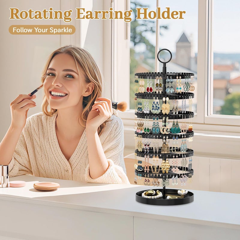 MODOWEY 6 Tier Rotating Earring Holder Organizer Display Tree with Metal Tray, Adjustable Plastic Stand with 342 Slots for Stud Hoop Hanger, Large Capacity Storage Rack for Women Space Saving, Black - Image 2